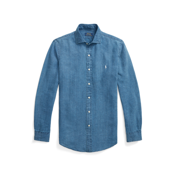 Camicia in lino a pois indaco Custom-Fit