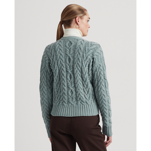 Light Teal Heather Aran-Knit Wool-Cashmere Cardigan Lauren 5
