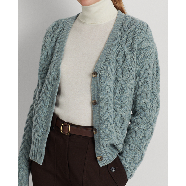 Light Teal Heather Aran-Knit Wool-Cashmere Cardigan Lauren 6