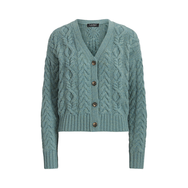 Light Teal Heather Aran-Knit Wool-Cashmere Cardigan Lauren 2