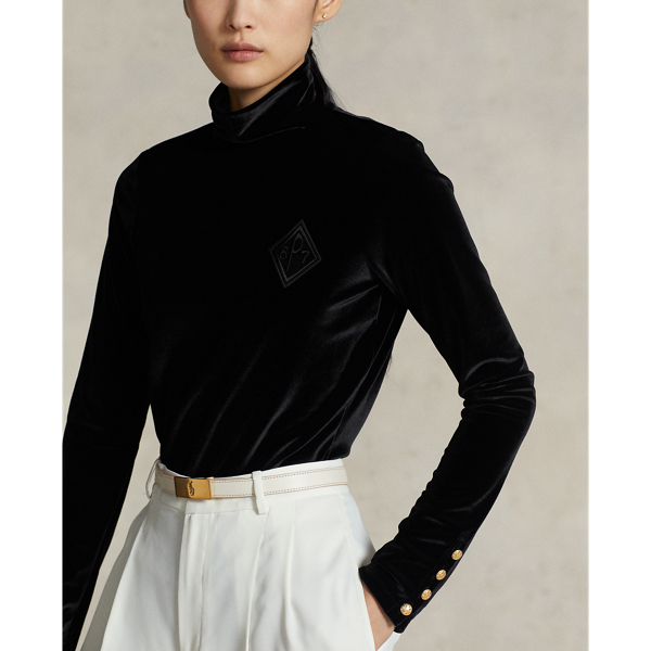 Black Crest-Patch Stretch Velvet Roll Neck Polo Ralph Lauren 5