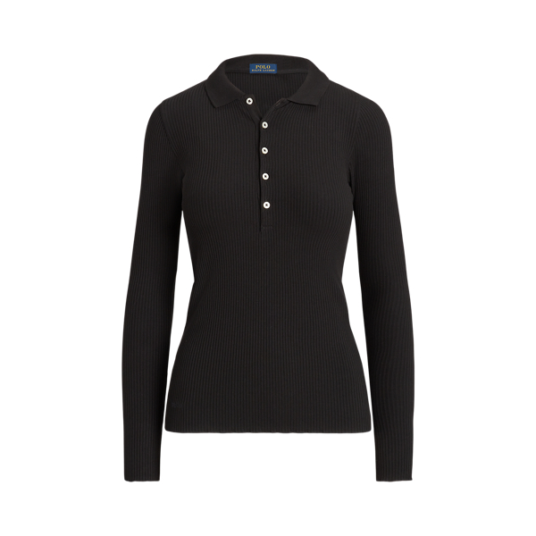 Rib-knit Long-Sleeve Polo Shirt