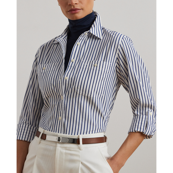 Light Blue Relaxed Fit Cotton Roll-Tab-Sleeve Shirt Lauren 6