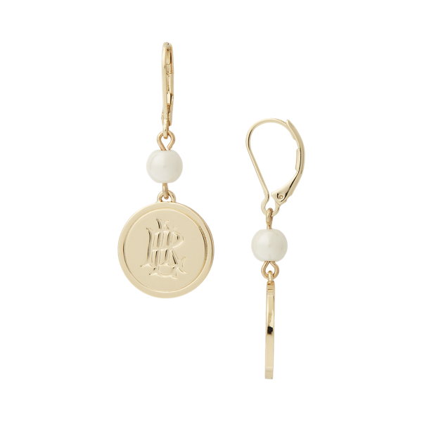 Gold/White Pearl Logo & Faux-Pearl Drop Earrings Lauren 2