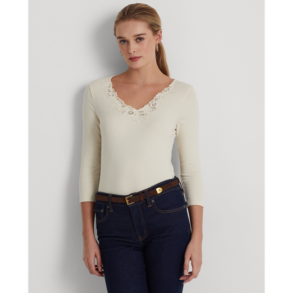Mascarpone Cream Lace-Trim Stretch Cotton Top Lauren 1