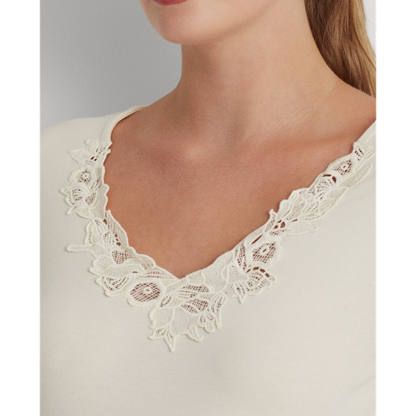 Mascarpone Cream Lace-Trim Stretch Cotton Top Lauren 6