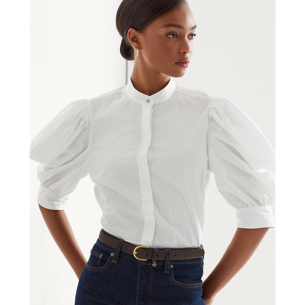 White Puff-Sleeve Cotton Broadcloth Shirt Lauren 6