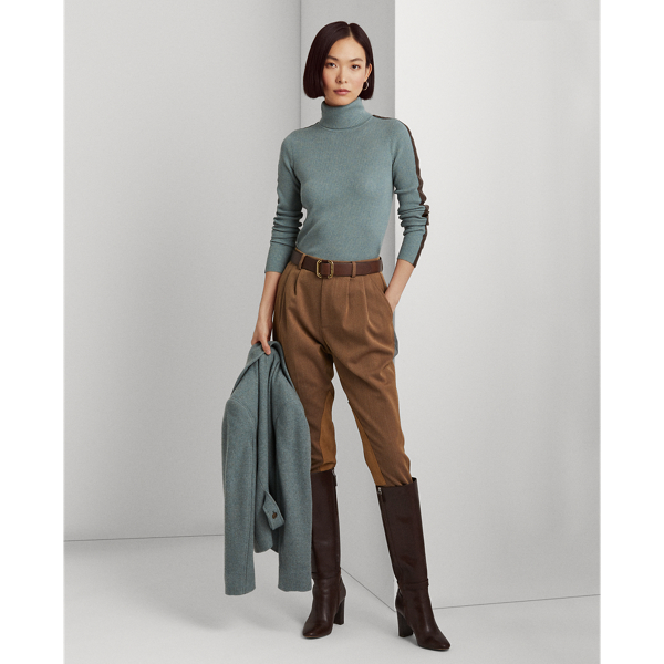 Light Teal Heather/Chocol Faux-Leather-Trim Roll Neck Jumper Lauren 3
