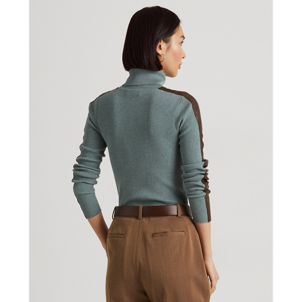 Light Teal Heather/Chocol Faux-Leather-Trim Roll Neck Jumper Lauren 4