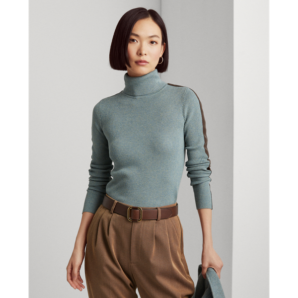 Light Teal Heather/Chocol Faux-Leather-Trim Roll Neck Jumper Lauren 5