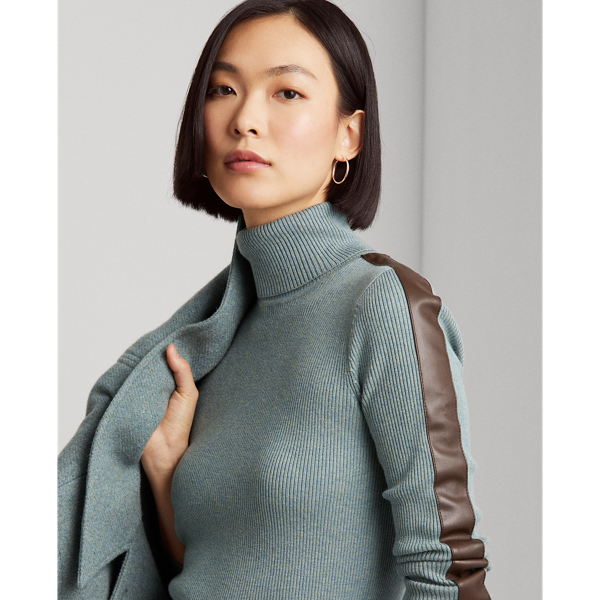 Light Teal Heather/Chocol Faux-Leather-Trim Roll Neck Jumper Lauren 6