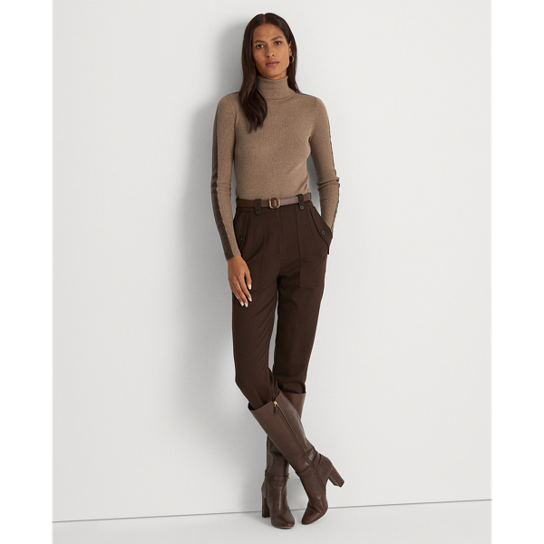 Truffle Heather/Chocolate Faux-Leather-Trim Roll Neck Jumper Lauren 4