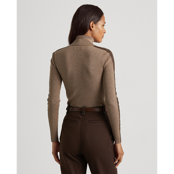 Truffle Heather/Chocolate Faux-Leather-Trim Roll Neck Jumper Lauren 5