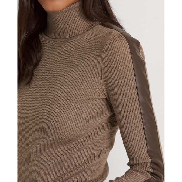 Truffle Heather/Chocolate Faux-Leather-Trim Roll Neck Jumper Lauren 6