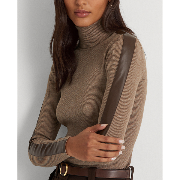 Truffle Heather/Chocolate Faux-Leather-Trim Roll Neck Jumper Lauren 7