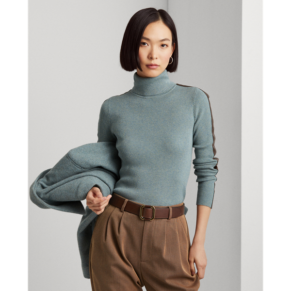Faux-Leather-Trim Turtleneck Sweater