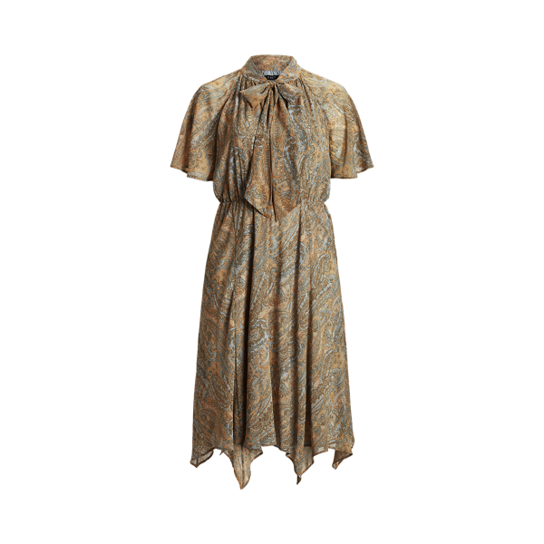 Paisley Crinkle Georgette Tie-Neck Dress