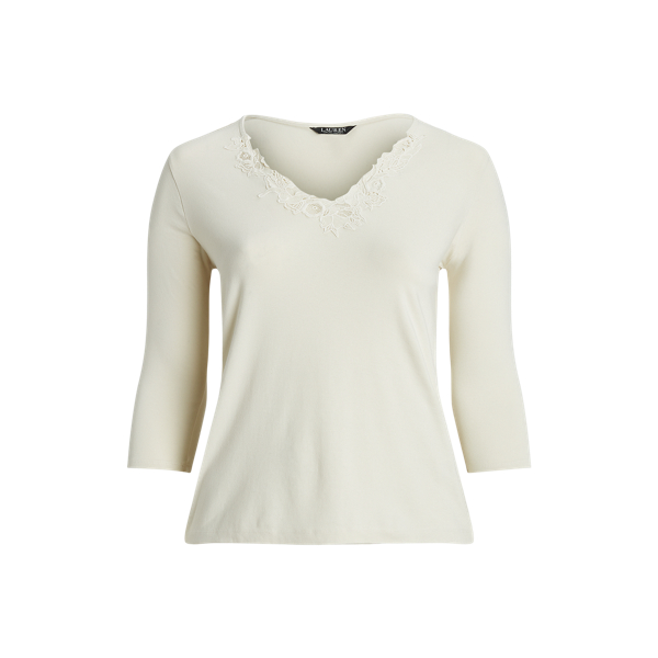 Lace-Trim Stretch Cotton Top Lauren Woman 1