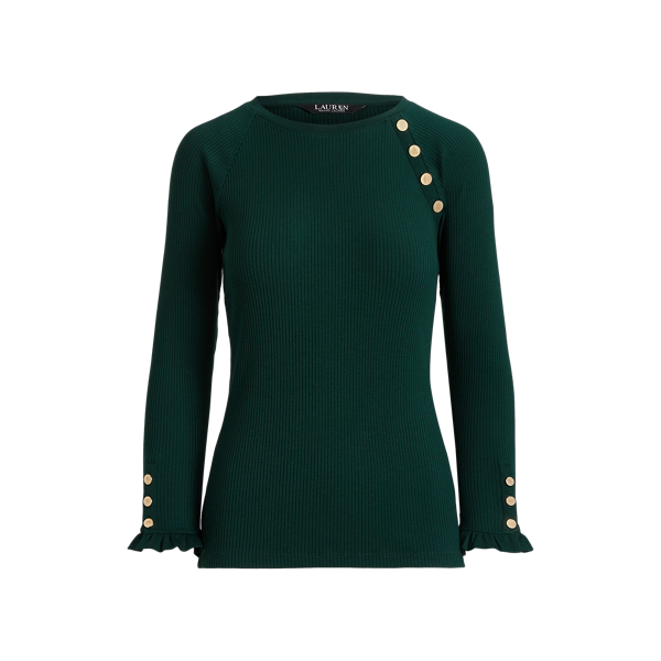 Button-Trim Cotton-Blend Knit Top Lauren 1