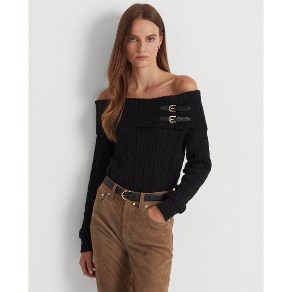 Polo Black Off-the-Shoulder Cable-Knit Sweater Lauren 1