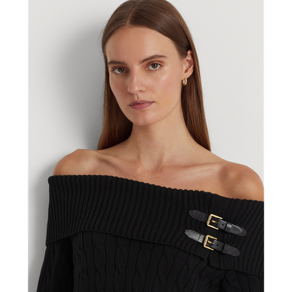 Polo Black Off-the-Shoulder Cable-Knit Sweater Lauren 6