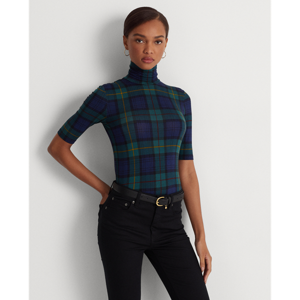 Navy Multi Plaid Stretch Jersey Turtleneck Lauren 1