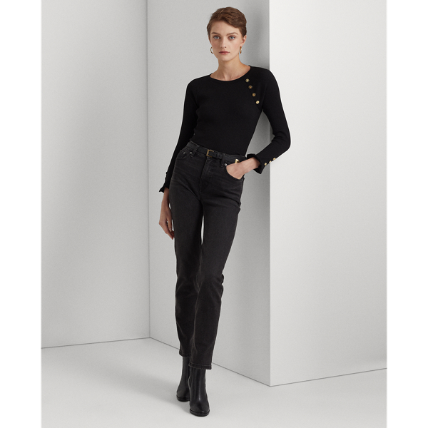 Polo Black Button-Trim Cotton-Blend Knit Top Lauren Petite 4