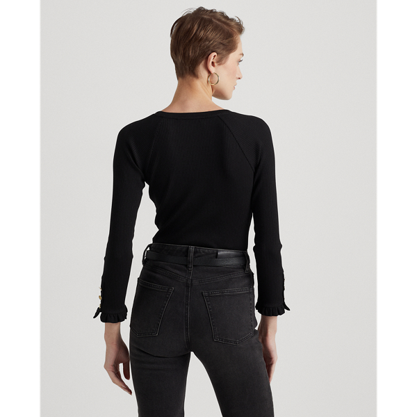 Polo Black Button-Trim Cotton-Blend Knit Top Lauren Petite 5
