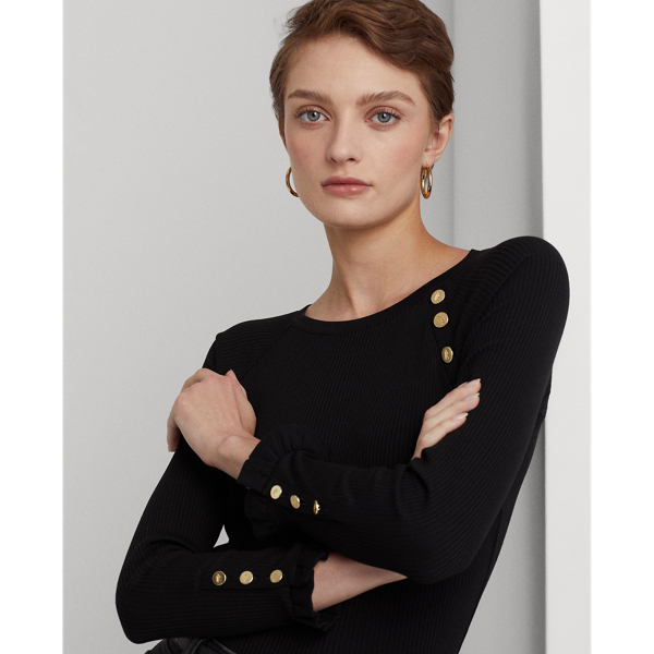 Polo Black Button-Trim Cotton-Blend Knit Top Lauren Petite 6