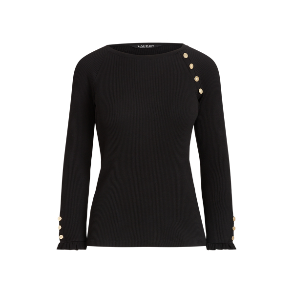 Polo Black Button-Trim Cotton-Blend Knit Top Lauren Petite 2