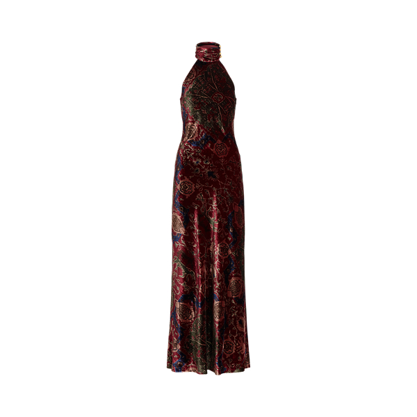 Print Velvet Sleeveless Halter Gown Lauren Petite 1
