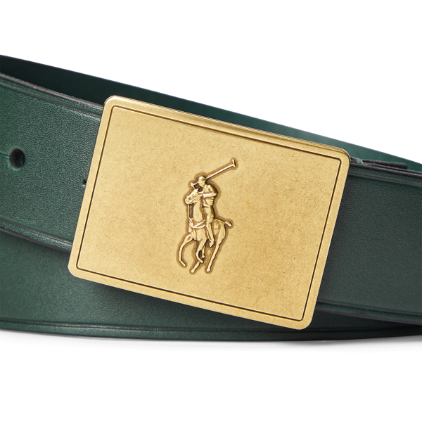 College Green/Brass Pony Plaque Leather Belt Polo Ralph Lauren 2