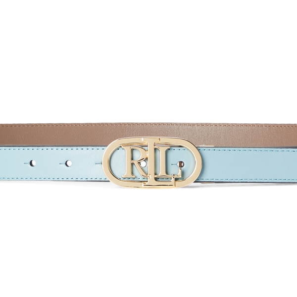 Stormy Sea/Truffle Oval-Logo Reversible Leather Skinny Belt Lauren 2
