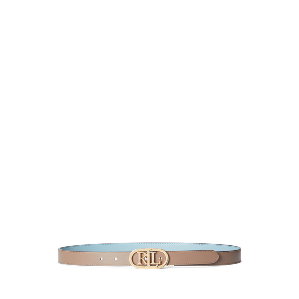 Stormy Sea/Truffle Oval-Logo Reversible Leather Skinny Belt Lauren 3