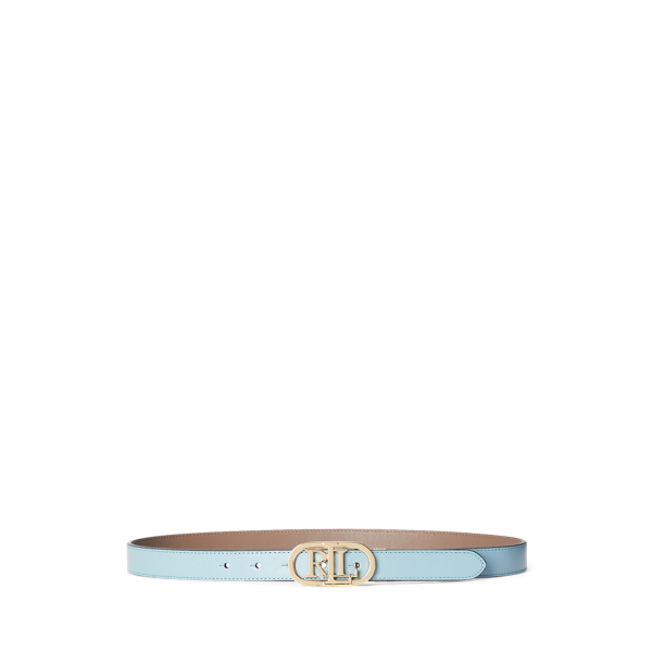 Stormy Sea/Truffle Oval-Logo Reversible Leather Skinny Belt Lauren 1