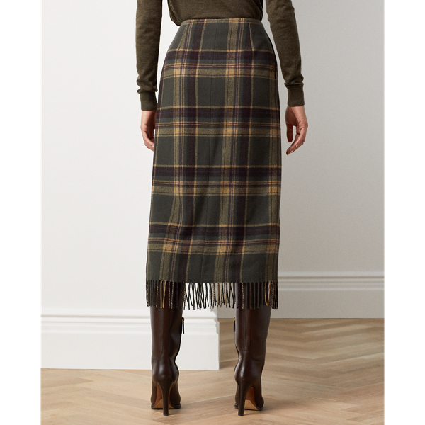 Gonna a portafoglio scozzese con frange Aden Ralph Lauren Collection in Verde oliva intenso/verde 5