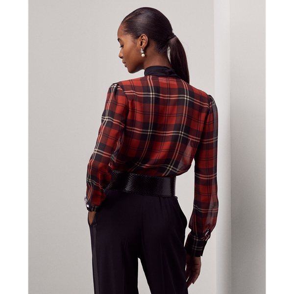 Red/Black/Cream Multi Zandra Plaid Georgette Blouse Ralph Lauren Collection 5