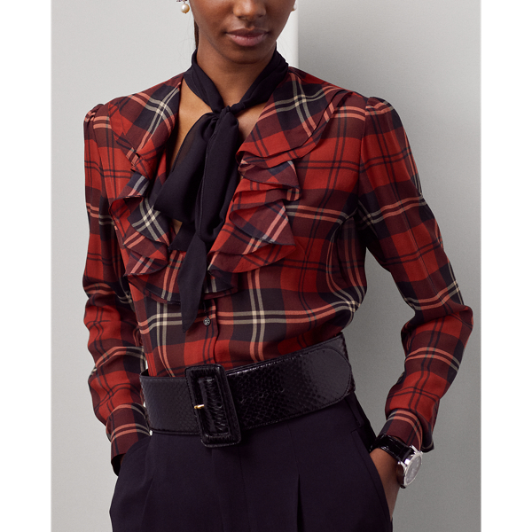Red/Black/Cream Multi Zandra Plaid Georgette Blouse Ralph Lauren Collection 6