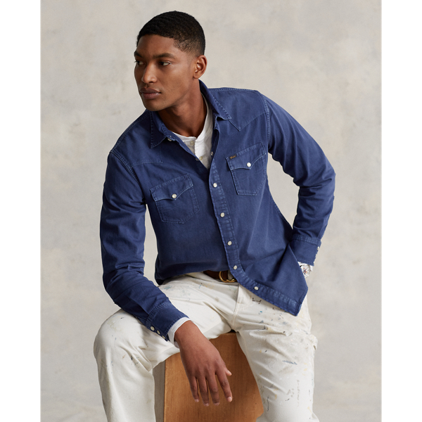 Light Navy Garment-Dyed Denim Western Shirt Polo Ralph Lauren 1