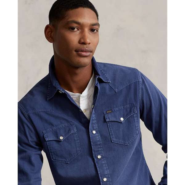 Light Navy Garment-Dyed Denim Western Shirt Polo Ralph Lauren 6