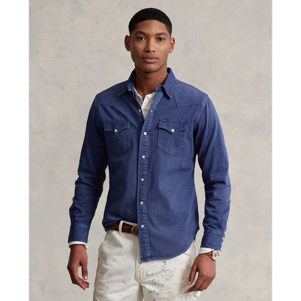 Light Navy Garment-Dyed Denim Western Shirt Polo Ralph Lauren 7