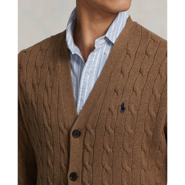 Shetland Brown Heather Cable-Knit Cotton Cardigan Polo Ralph Lauren 6