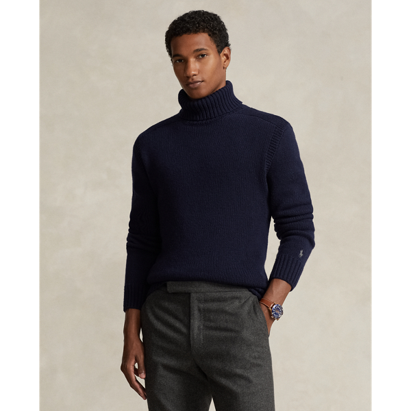 Roll Neck Cable Knit Jumper Navy Wool-Cashmere Roll Neck Jumper