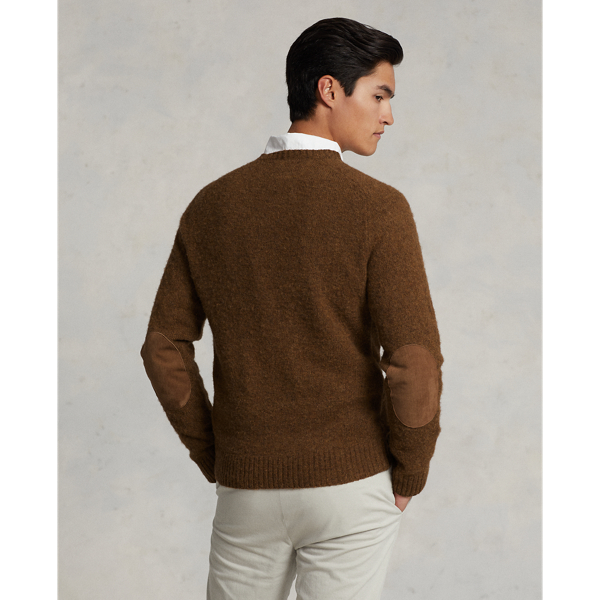 Shetland Brown Heather Suede-Patch Wool Crewneck Sweater Polo Ralph Lauren 5