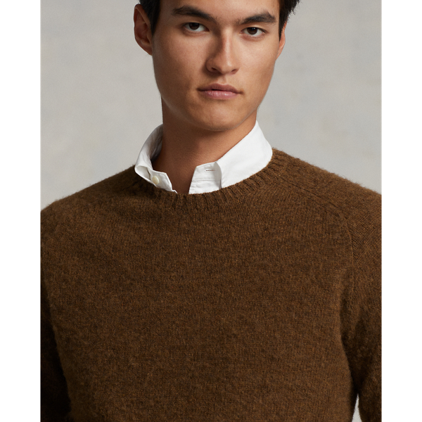 Shetland Brown Heather Suede-Patch Wool Crewneck Sweater Polo Ralph Lauren 6