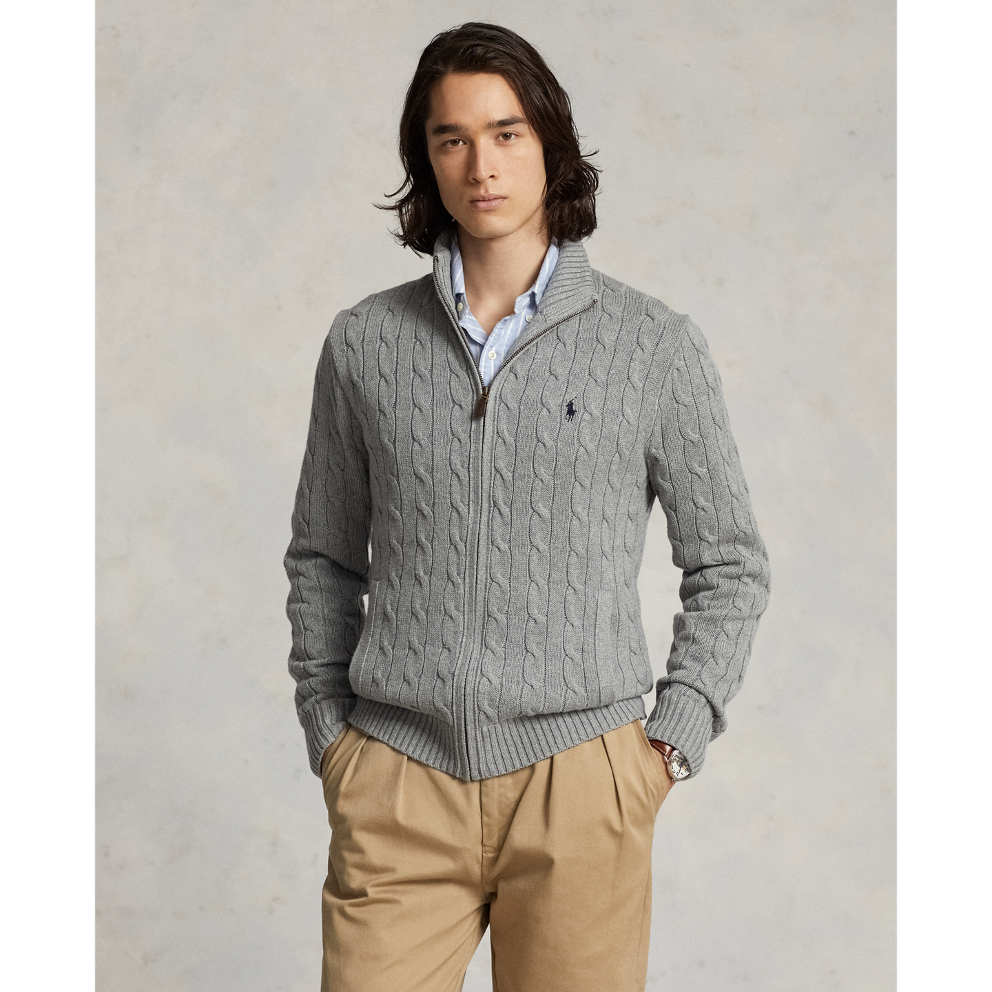 Мужской свитер Ralph Lauren Cable-Knit Cotton Full-Zip, цвет: Палевый серый меланжевый — фото 4