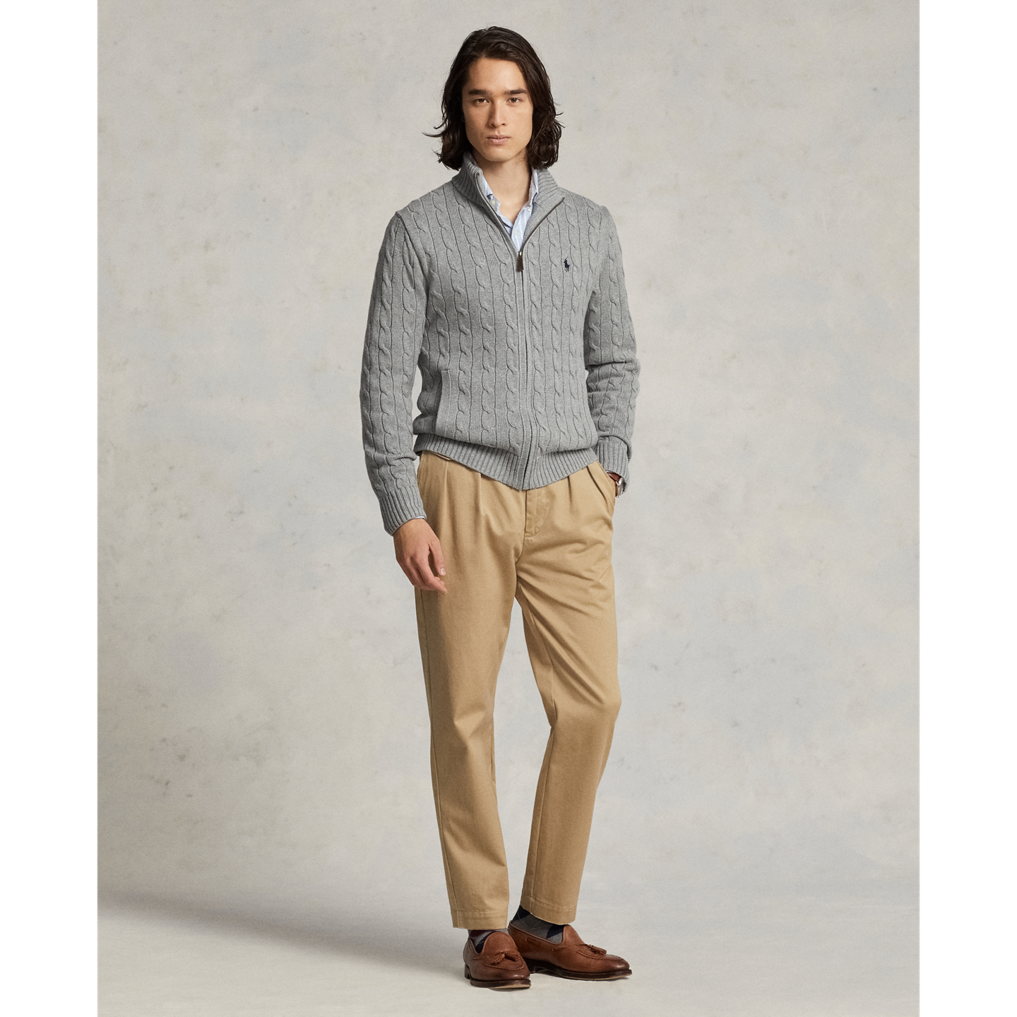 Мужской свитер Ralph Lauren Cable-Knit Cotton Full-Zip, цвет: Палевый серый меланжевый — фото 1