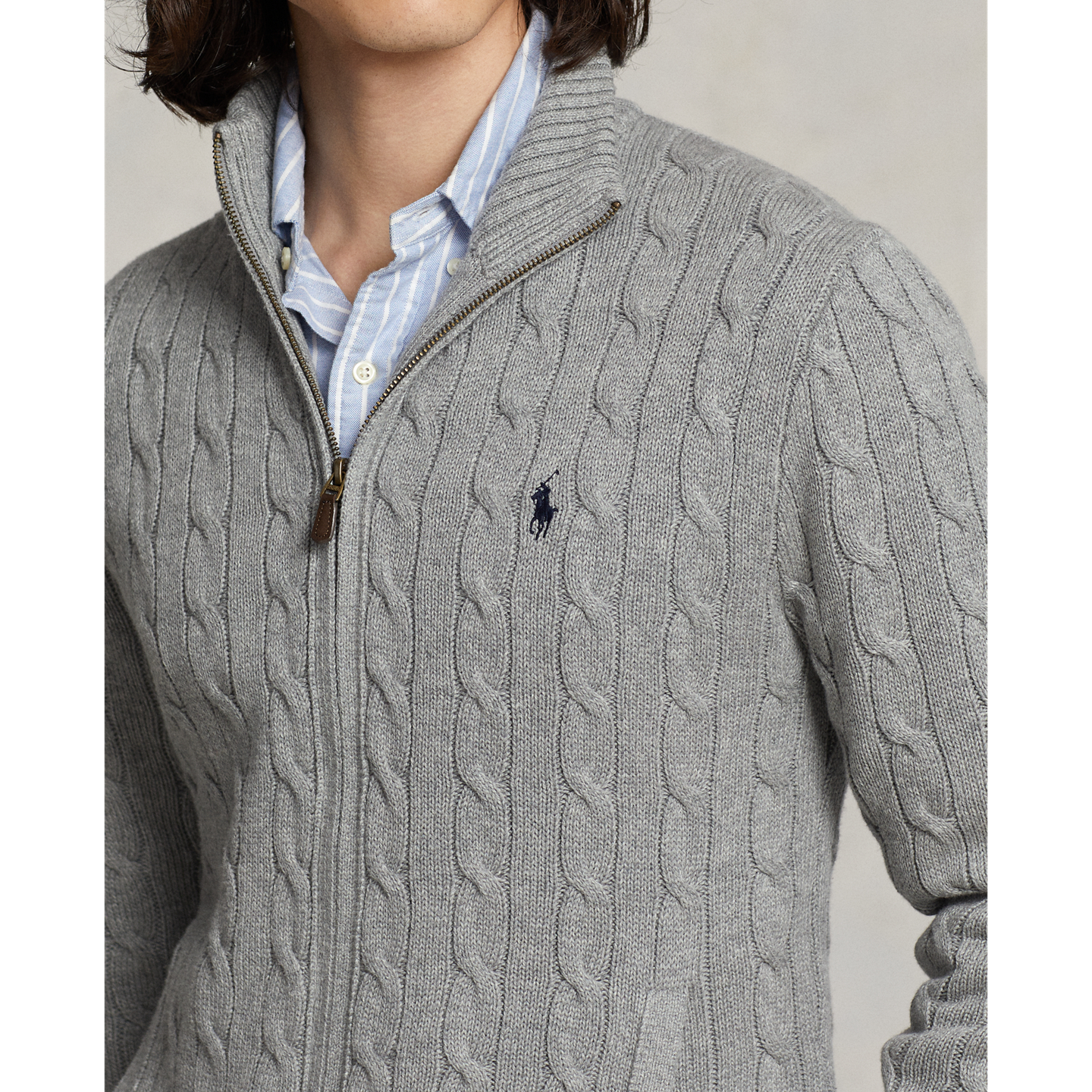 Мужской свитер Ralph Lauren Cable-Knit Cotton Full-Zip, цвет: Палевый серый меланжевый — фото 3