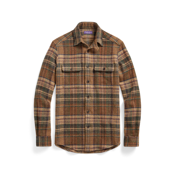 Suede-Patch Plaid Wool Tweed Shirt Purple Label 1