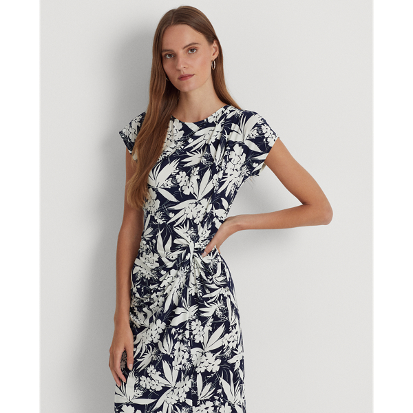 Robe torsad&eacute;e en jersey fleuri Lauren en Marine/Blanc 4